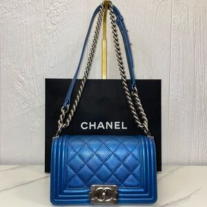 Chanel Boy Bag! Limited Edition Metallic Blue Perforated Leather!